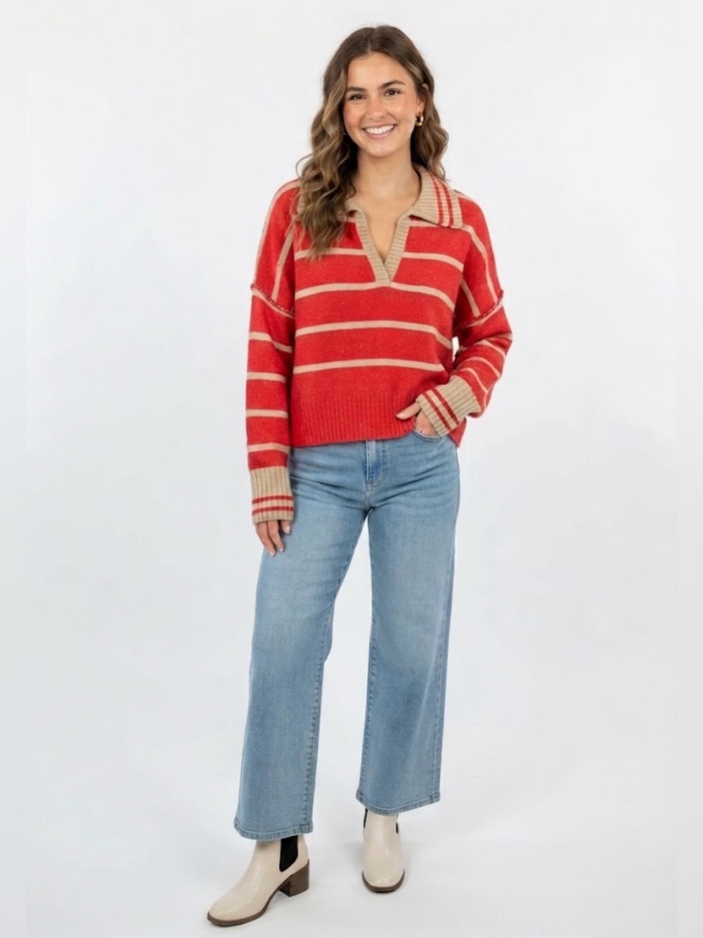 NWT PrettyGarden Chic Red Striped Polo Sweater XL Oversized Chunky Knit